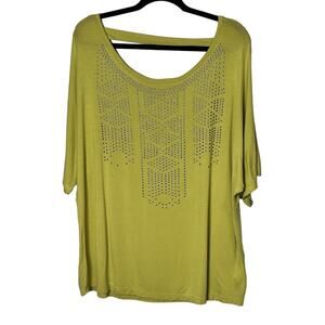 Kenar Women’s Yellow-Green Studded Top Short Sleeve Keyhole Back Stretch Size 1X